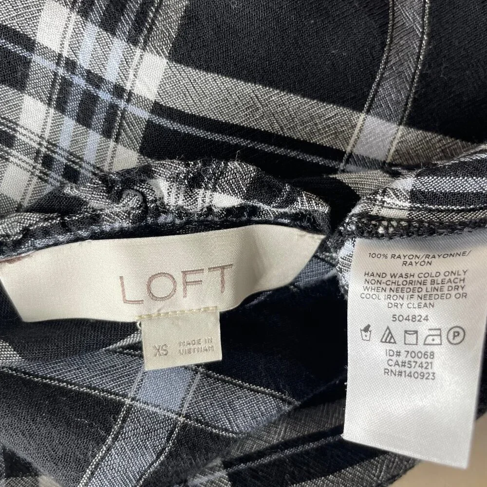 LOFT Dark Academia Plaid Ruffle Neck Tie Back Blouse XS